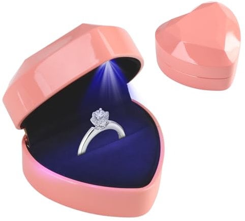 Herzförmige Ringschachtel mit LED, Beleuchtung Ringbox Herzform mit Samt Interieur, Verlobungsring Box für Hochzeit, Verlobung, Antrag – Schmuck Präsentationsbox Ringschachtel Herzschachtel (1, Rosa)