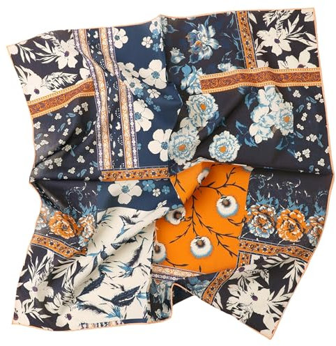 Prettystern Baumwolle & Seide Mix Tuch 65x65 cm Damen Herren Sommer Frühling Seidenschal Seiden-halstuch Blüten Blau Gelb SC10