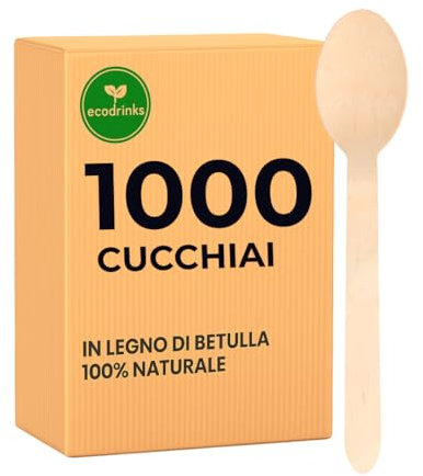 ecodrinks - 1000 Cucchiai in Legno di Betulla - Biodegradabili e Compostabili - Design Rustico e Resistente - Per Feste, Eventi, Catering, Ristorazione, Uso Domestico - 16cm