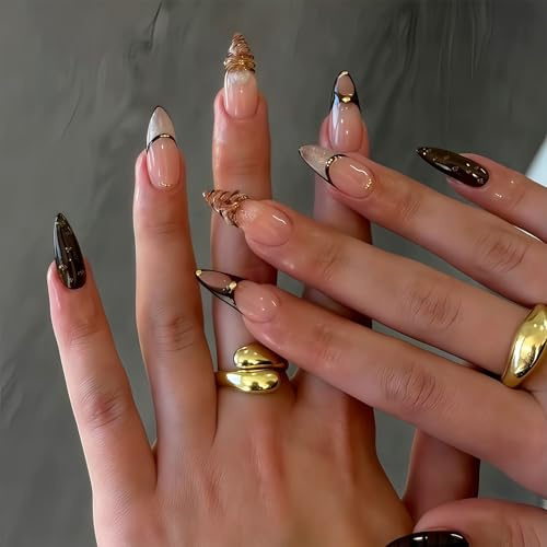 Lange Almond Shaped Press-On Nails – Brown Acrylic Nails with French Design and 3D Floral Patterns, Artificial Stick-On Nails for Women, 24PCS Set