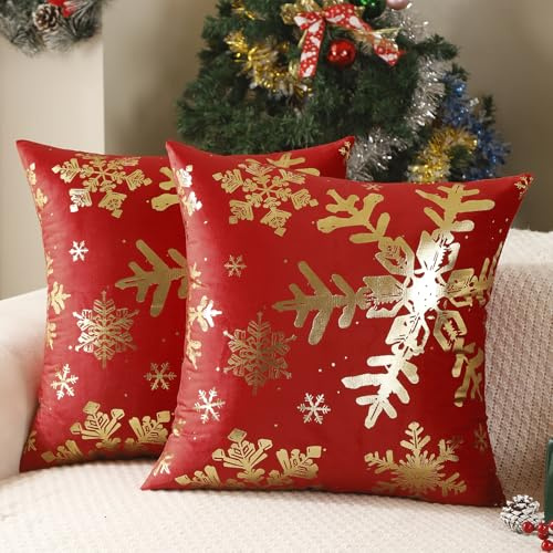 Kissenbezug 40x40 cm Weihnachten Rot und Gold Schneeflocke Winter Samt Dekokissen Deko Bezug Xmas Zierkissenbezüge Kissenbezug Deko Kissenhülle für Sofa Couch Schlafzimmer Wohnzimmer, 2er Set