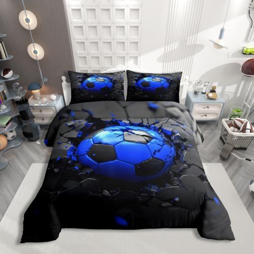 Homewish Sportthema - Juego de funda nórdica para niños con diseño de fútbol en 3D, efecto visual roto, pared de hormigón roto, impresión digital, ropa de cama de 135 x 200 cm, color azul y negro
