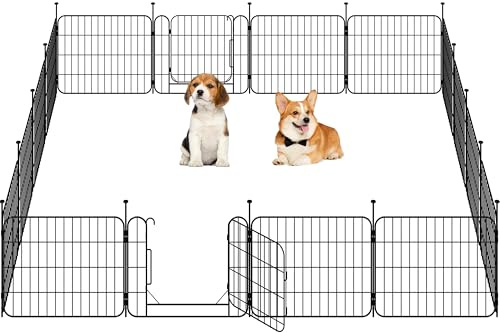 Yaheetech 16 Paneles Parque para Perros 60 x 50 cm con 2 Puertas Recinto | Reja Plegable para Cachorros y Conejos Perreras de Metal para Interior Exterior con Estacas, Punta Ovalada y Plana