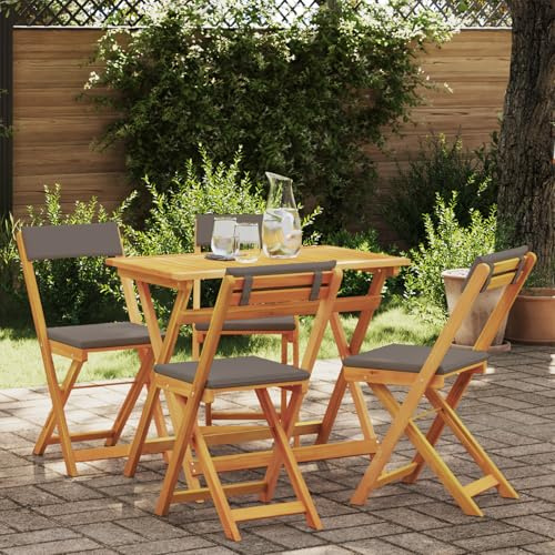 JHQHSM 5-TLG. Bistro-Set mit Kissen, faltbar aus massivem Akazienholz, dunkelgraue Polsterung, Gartenmöbel für Terrasse und Balkon, wetterfeste Sitzgruppe, kompakte Aufbewahrung