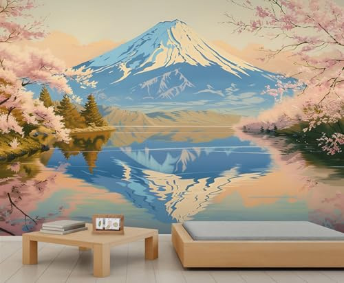 YEMYOR Japanese Landscape Mural Wallpaper Pink Cherry Blossoms Wall Mural for Kitchen Restaurant Office Fuji Mountains Wallpaper for Living Room Bedroom-100x100cm