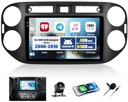 CAMECHO 4+64G Android 15 Navi Autoradio für VW Tiguan 2006-2016, 9 Zoll GPS Bluetooth Radio Incell HD mit Wireless Carplay Android Auto WiFi FM RDS EQ Mirror Link +Rückfahrkamera