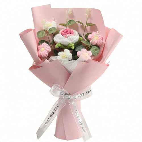 QIANSSE Crochet Flowers Bouquet Knitted Roses(Pink) | Handmade Artificial Floral, Graduation Teacher Appreciation & Fathers Day Gift for Loved Ones Moms Dads Women Teachers
