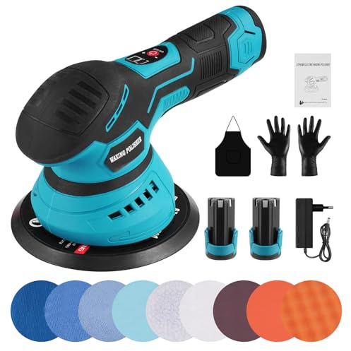 Teodute 150mm Ponceuse, 8 Vitesses Réglables, 2500 à 5500 tr/min Ponceuse Excentrique, Ponceuse Orbitale pour Cirage Polissage Décapage Peinture Élimination Rouille (avec 2 x 2,0 Ah Batteries)