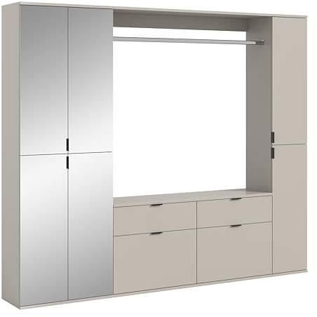 xonox.home – 3 tlg. Garderobenkombination Projekt X 212x193x34 cm in Kaschmir Melamin – Set mit Spiegelschrank, breiter Kommode, Wandboard & schmalem Hochschrank – Funktionale Garderobe mit viel Platz
