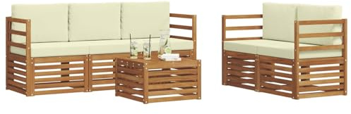 vidaXL Sofagarnituren 6 pcs Natur und Creme Massivholz Akazie, Moderne Gartenmöbel, strapazierfähiges Outdoor-Sofa, Lounge-Set für die Terrasse, bequemes Sitzen draußen