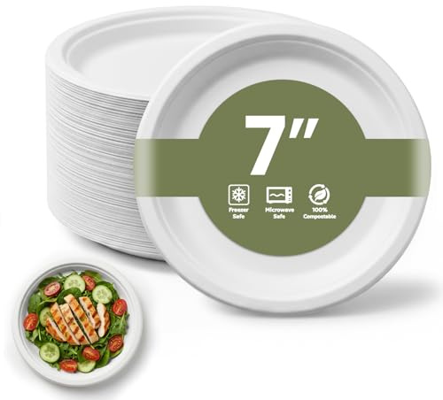 7 Inch Disposable Paper Plates 125 Pack, Heavy Duty Compostable Bagasse | Sugarcane bagasse, biodegradable and home compostable. Strong hot and cold food plates for parties, BBQ, catering