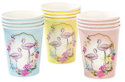 Talking Tables Truly Flamingo Floral Paper Flamingo Cups for Tea Party, Summer and Birthday Party, 3 Designs, Blue, Pink and Yellow, 9oz (12 Pack)