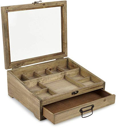 Loberon Schmuckkästchen Cayetana, Mehrere Fächer inkl. Schubfach, Rustikal Angehauchtes Design, Ordnungshelfer, Aufbewahrung, Tannenholz, Eisen, Glas, braun