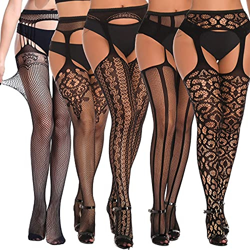 SOUTHRO 5 Pairs Black Thigh High Stockings Patterned Tights-Fishnet/Net,Garter Belts Set & Suspender Pantyhose for Women