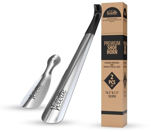 Velette 2 Pack Metal Shoe Horn Long Handle for Seniors - 16.5 Extra Long Shoe Horn for Seniors, 7.5 Travel Shoes Horns for Men, Women, and Kids - Shoehorn Long-Handle, Shoes Spoon, Gifts for Elders