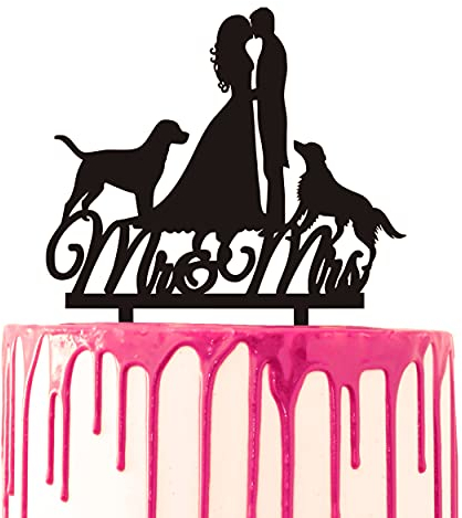 CARISPIBET Hochzeitstortenaufsatz für Bräutigam und Braut, Kusskuchen, dekorativ, zwei Hunde, Mr. & Mrs. Acryl-Silhouette