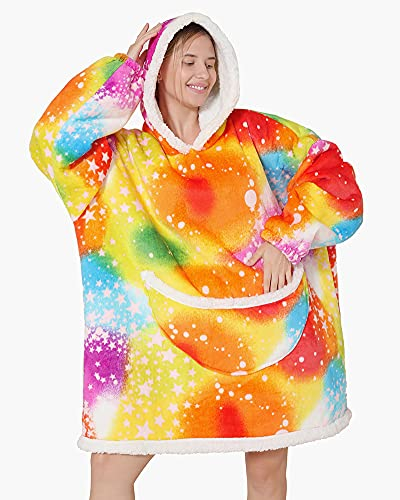 Kapuzen-Sweatshirt, weich, Decke – Pullover mit Kapuze, warm, Übergröße, große Tasche, Decke TV Flanell (farbige Sterne, Einheitsgröße)