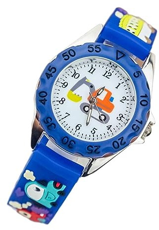 Hemobllo Süße Kinderuhr Bagger-Design, 3D Cartoon-Uhr, Glaszifferblatt analoge Quarz-Armbanduhr mit Silikonarmband, wasserdicht, modische Kinder-Lernuhr für Jungen und Mädchen