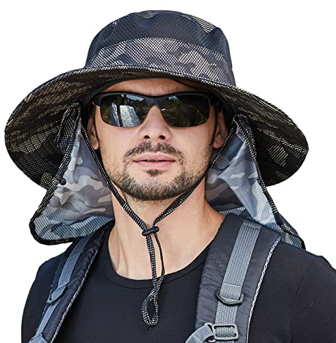 AIEOE Sonnenhut Herren UV Schutz Camouflage Outdoor Hut Wasserdicht Atmungsaktiv Faltbar Fischerhut Wanderhut mit Nackenschutz Abnehmbar