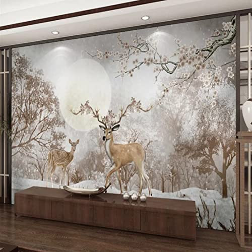 Fototapete 3D Effekt Nordic Wald Hirsch Fototapete Vlies Wandbild Wohnzimmer Schlafzimmer Wanddekoration 300(W) X210(H) Cm