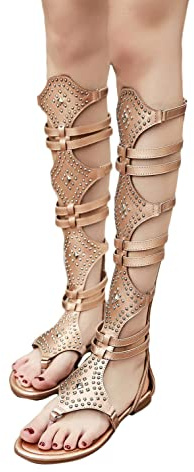 ticticlily Sandalen Damen Knie Hoch Römische Gladiator Sandalen Nieten Besetzt Riemchensandalen Reißverschluss Zehensandalen A Gold 38 EU