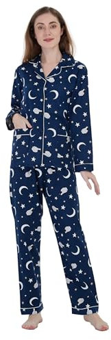 GLOBAL Damen Pyjama Set Lang | Baumwolle Pyjama | Flanell Nachtwäsche | Süßes Lamm Blau XL