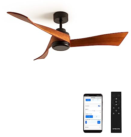 CREATE / WINDCURVE/Deckenventilator Schwarz Dunkelholzflügel mit WLAN und Fernbedienung / 40W, Leise, Ø132cm, 6 Geschwindigkeiten, Timer, DC-Motor, Sommer-Winterbetrieb
