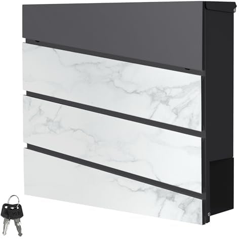 ML-Design Briefkasten 37x37x11 cm Anthrazit/Weiß-Marmoroptik, Stahl, Postkasten mit Zeitungsfach, Abschließbar 2 Schlüssel, Moderner Design Wandbriefkasten mit Zeitungsrolle, Mailbox für Wandmontage