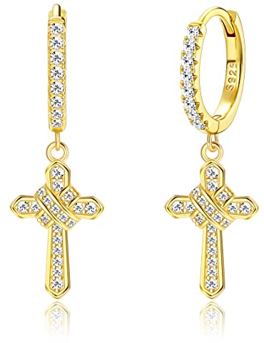 KRFY Kreuz Ohrringe für Damen Männer 925 Sterling Silber Zierlich CZ Huggie Creolen Ohrringe Hypoallergene Creolen Kreuz Dangle Ohrringe Leichte Huggie Ohrringe 18K Gold/Silber