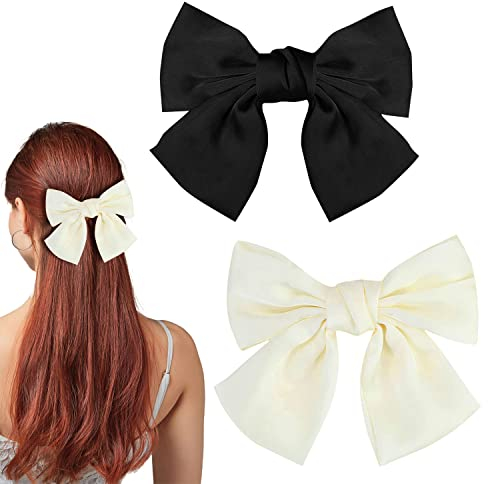 Pince à cheveux nœud, 2 pièces nœuds à cheveux pour femmes grandes épingles à cheveux nœud papillon pinces à cheveux françaises avec ruban barrette à cheveux pour femmes filles (noir + blanc)