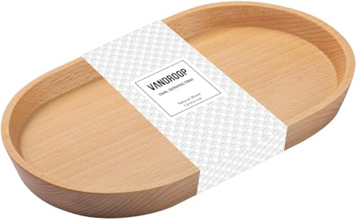 Vandroop Wooden Mini Serving Tray for Parties, Tea&Coffee Table Tray, Small Oval Wood Plate for Fruit&Snacks, Decorative Tray for Jewellery Key Coin, Tray for Bathroom (Beech Wood, 7.8”×4.66”)