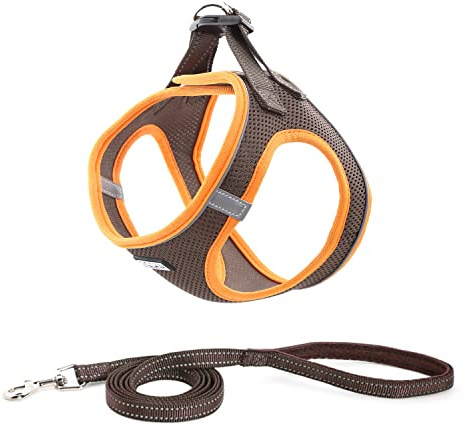 Suredoo Hundegeschirr mit Leine Anti Zug Geschirr Reflektierend Brustgeschirr für Kleine Hunde, Haustiere, Welpen, Katzen (Braun Orange, XXS)