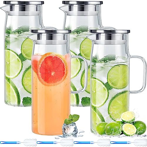 4 Pieces Glass Pitcher with Lid and Handle 50 Oz/ 1500 ml Water Pitcher Borosilicate Glass Carafe Glass Jug Orange Juice Container with Brush for Iced Beverage Hot Cold Ice Tea Coffee Kitchen Fridge