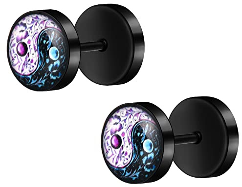 MicVivien Fake Plug Ohrstecker Edelstahl Herren Damen Kreis Ohrstecker Cheater Tunnel Ohrringe Gauges 10MM Yin Yang Taichi/Ziege Baphomet/Stern Galaxie/Dreizack