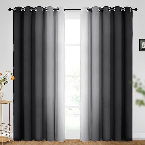 SimpleHome Ombre Room Darkening Curtains for Bedroom, Gradient Black to Grey White Light Blocking Thermal Insulated Grommet Window Curtains/Drapes for Living Room,2 Panels, 62x96 inches Length