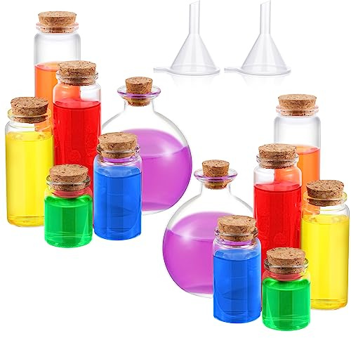 Bokon 12 Pcs Mini Glass Bottle with Wood Cork Stoppers 6 Sizes Assorted Halloween Glass Potion Bottle Clear Message Jars with 2 Funnels for Wedding Ornament Party Favors Costume Props DIY Crafts