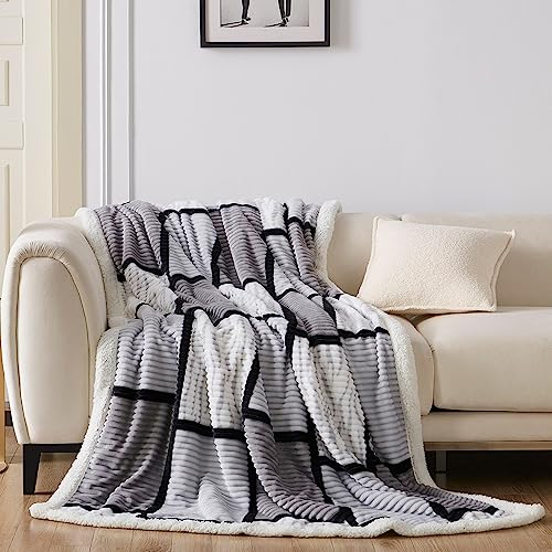 Gracelife Decke für Damen, Sherpa-Überwurfdecke für Couch, Flanell, gemütlich, weich, kariert, Decke für Bett, Fleece, Grau, 203 x 228 cm