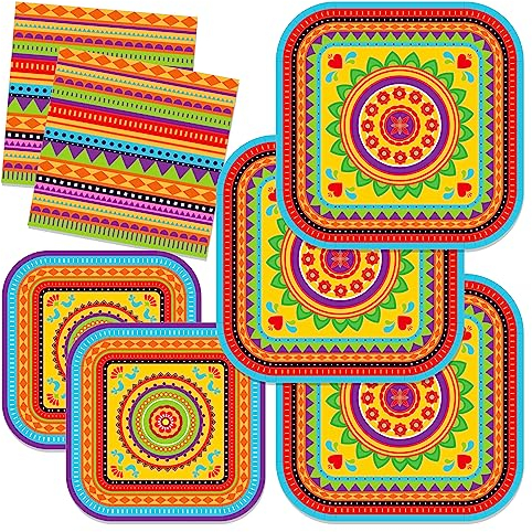Mexikanische Fiesta Geburtstag Pappteller Servietten Mexiko Kaktus Bunte Einweggeschirr Set Partyzubehör Cinco De Mayo Thema Geschirr-Sets serviert 24 Gäste für Party Teller Servietten 88PCS