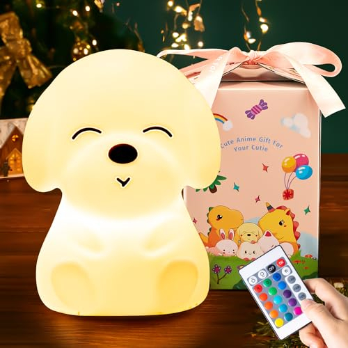 One Fire 【Geschenkverpackung】 Kawaii Hund Kinder Geschenke, Fernbedienung 16Farben 10Helligkeit Nachtlicht Zimmer Deko,Nachtlicht Mit Timer Batterie,Cute Kinder Geschenke Kinderspielzeug