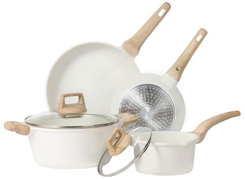 CAROTE Batterie de Cuisine Induction 6 Pièces, Revêtement Antiadhésif, Poêles à Frire 20cm/24cm, Casserole 20cm, Pots à lait 16cm, Ustensiles de cuisine avec Couvercles