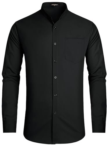 HISDERN Camisa Hombre Manga Larga Casual Camisa Negra Hombre Traje Cuello Mao Slim Fit Camisa Hombre con Botones de Boda XL