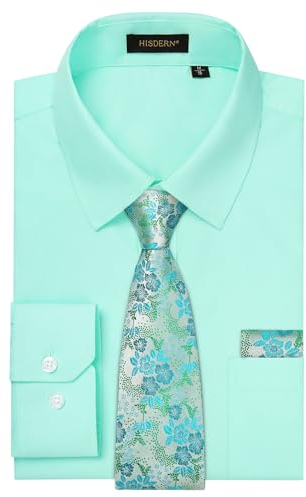 HISDERN Hellgrün Herren Hemd mit Krawatte Set Formelle Businesshemden Langarm Arbeit Hochzeit Hemden Regular Fit S