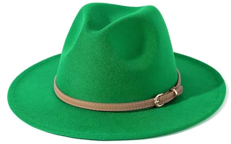Bywenzai Männer Frauen Filz Top Hüte Fedora Panama Hüte Zylinder Mit Flacher Krempe Damen Französischer Filzhut Warmer Jazzhut Herren M(56-58Cm) Grüner Hut + Heller Khakifarbener Gürtel