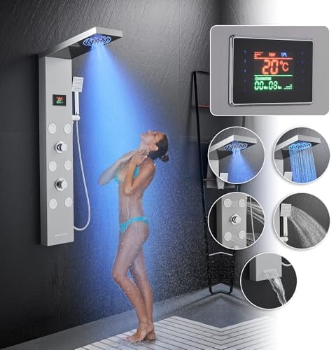 Duschpaneel Led Batterielose, KEOKBON 5 in 1 Duschpaneel mit Armatur Zeit- und Temperaturanzeige Edelstahl Duschsystem Nebeldusche & Regendusche 6 Massagedusche Handbrause Wanneneinlauf