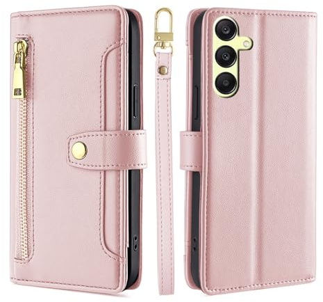 Handykette kompatibel mit Samsung Galaxy A25 | Leder Handyhülle mit Kartenfächern | Handyhülle zum Umhängen | Rosa