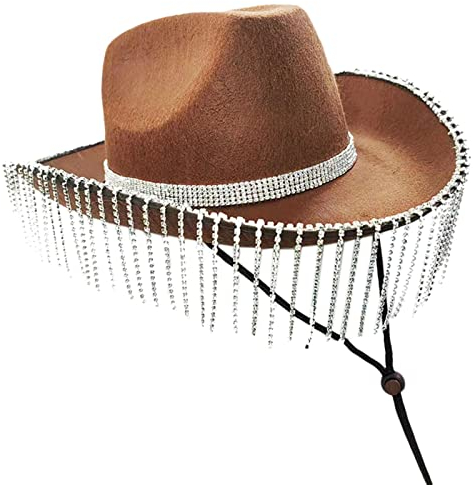 Cowgirl-Hut mit Strasssteinen, Glitzer, Kuh-Mädchen-Hut mit Strass-Fransen, Erwachsenengröße, Cowboyhut für Party, Cowboyhut mit Strasssteinen, Fransen, Cowgirl-Hut, Kostüm für Damen, Erwachsene,