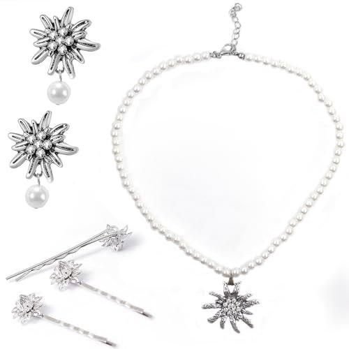 TaimeiMao Trachtenkette mit Strass Edelweiß Herz Anhänger, Edelweiß Armband und Edelweiß Ohrstecker (Perle)