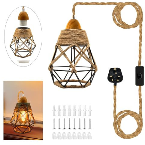Black Metal Lampade Hemp Rope Hanging Lamp,Industrial Plug in Pendant Lighting,Vintage Plug in Ceiling Light Fixture,16.7 Ft Adjustable DIY Pendant Lamp Kit,E26 E27 Socket Rustic Loft Light for Attic