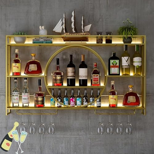 Elegantes Wand-Weinregal Mit Integrierter LED-Beleuchtung, Metall Und Glas-Design Für Stilvolle Aufbewahrung In Ihrem Zuhause, Kombiniert Praktische Nutzung Mit Modernem Look(Gold,47.2in/120cm)