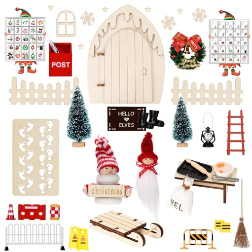 WeiaiziY 43 Stück Wichteltür Set, Wichtel Zubehör Weihnachten mit Baustelle Küchen-Sets, Puppen-Sets, Kalenderkarten, Weihnachtswichtel Set Wichteltür Komplettset DIY Geschenk Wichtel Deko für Kinder